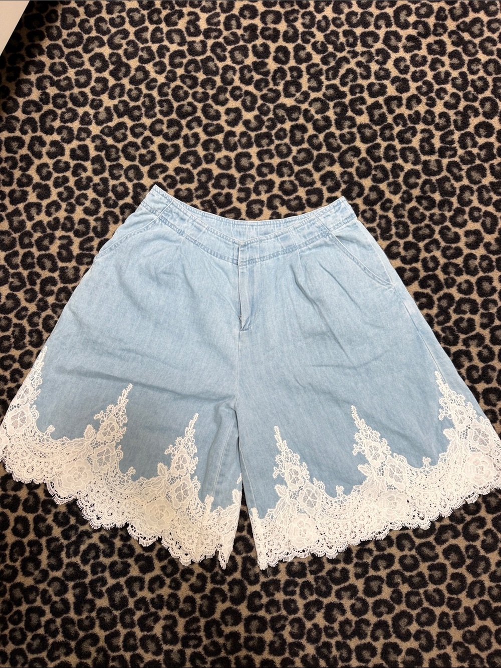 bohme Light Blue Denim Shorts with White Lace Hem
